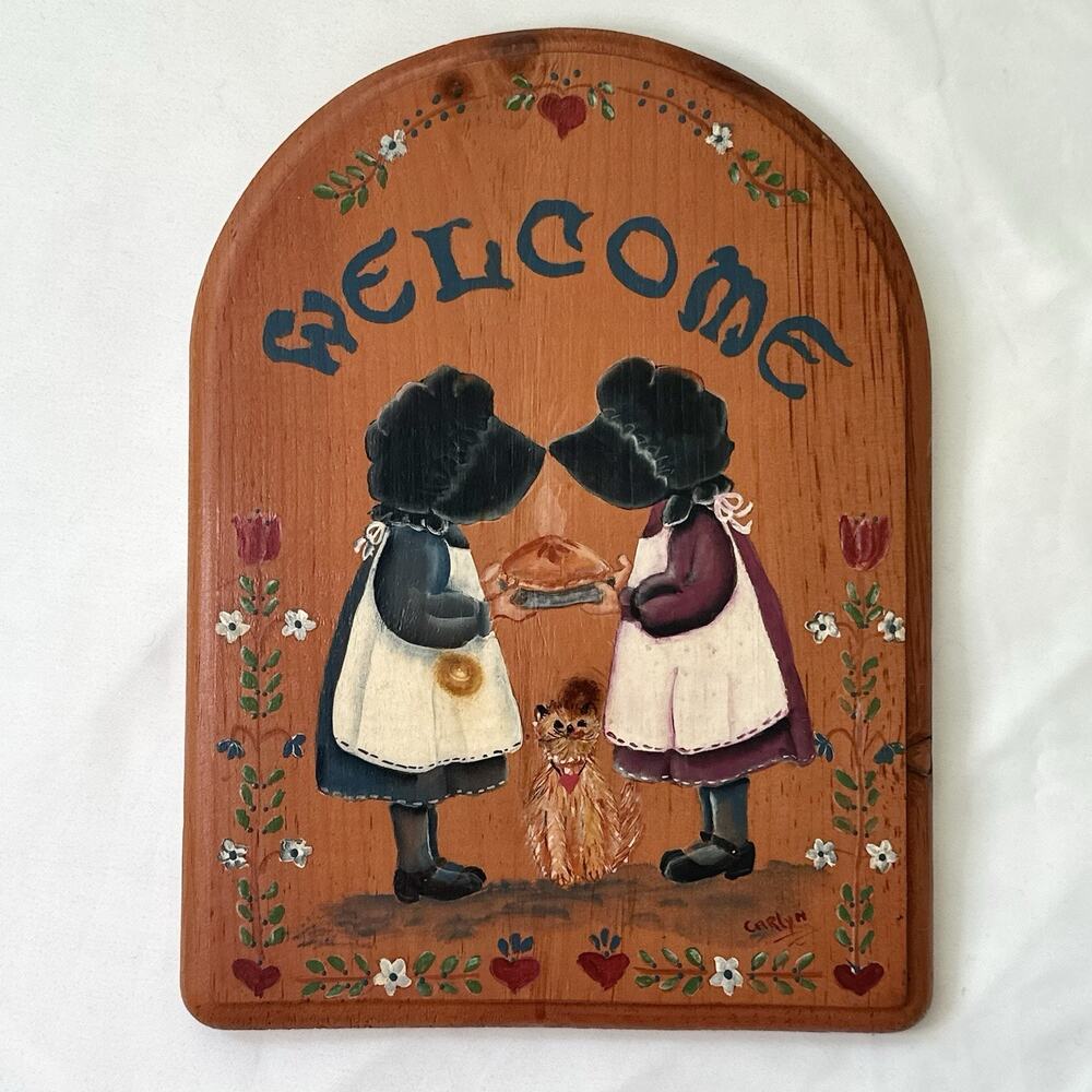 Vintage Hand Painted Folk Art Welcome Wooden Wall Hanging Cottage Decor PA Dutch